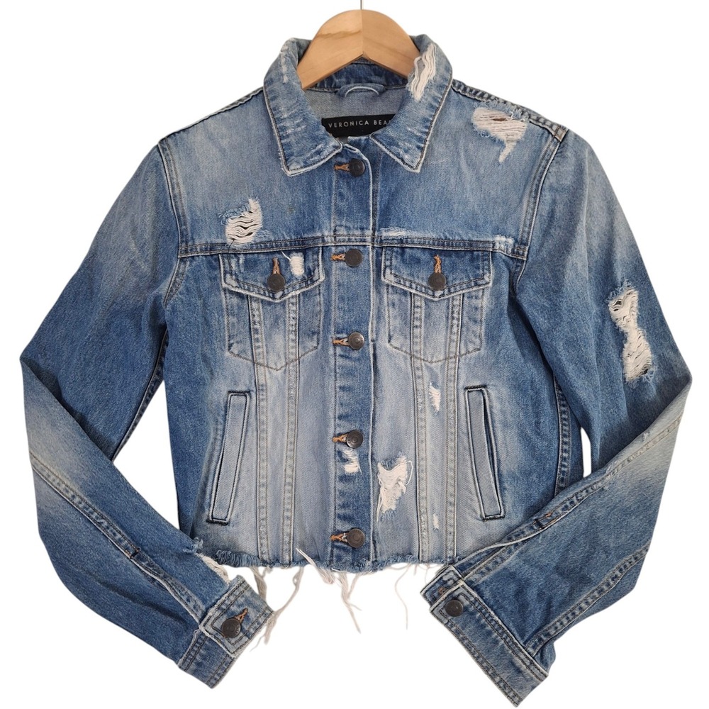 Veronica Beard Jeans Cara Cropped Distressed Denim Jacket Women's Small S Blue
